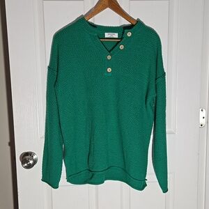 Green Textured Henley Button-Shoulder Sweater By ZENANA